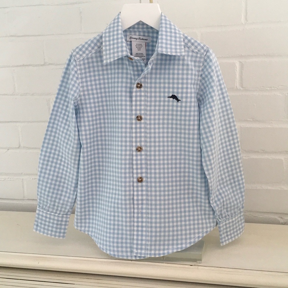 Tommy Bahamas Boys Size 5/6 Classic Light Blue/White Check Dress Shirt